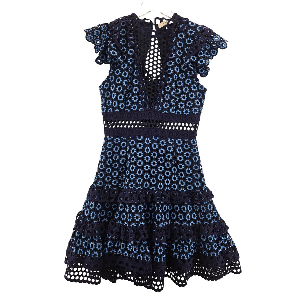 Sea New York Navy Blue Floral Eyelet Tiered Ruffle Mini Dress Size 0 Designer